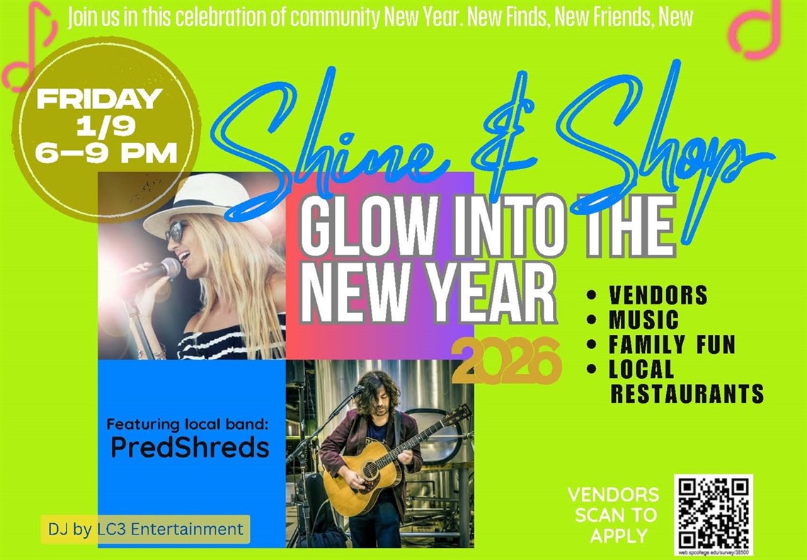 Fresh Start Market promotional flyer for Shine & Shop: Glow Into the New Year on Friday, Jan. 9, from 6 to 9 p.m., featuring live music, vendors, and family activities.