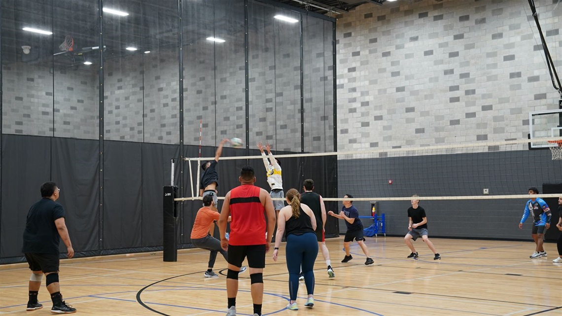 Group of people playing volleyball in a gym