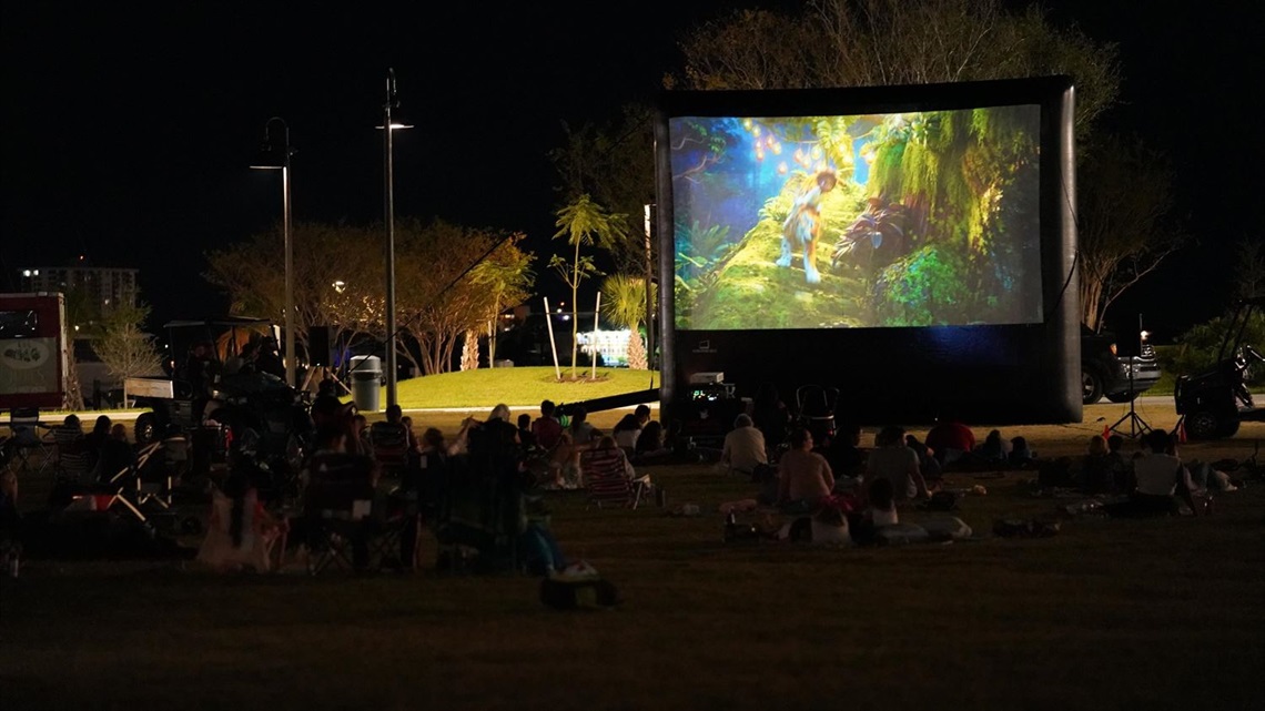 people sitting on a lawn in the dark watching a movie on a very large screen