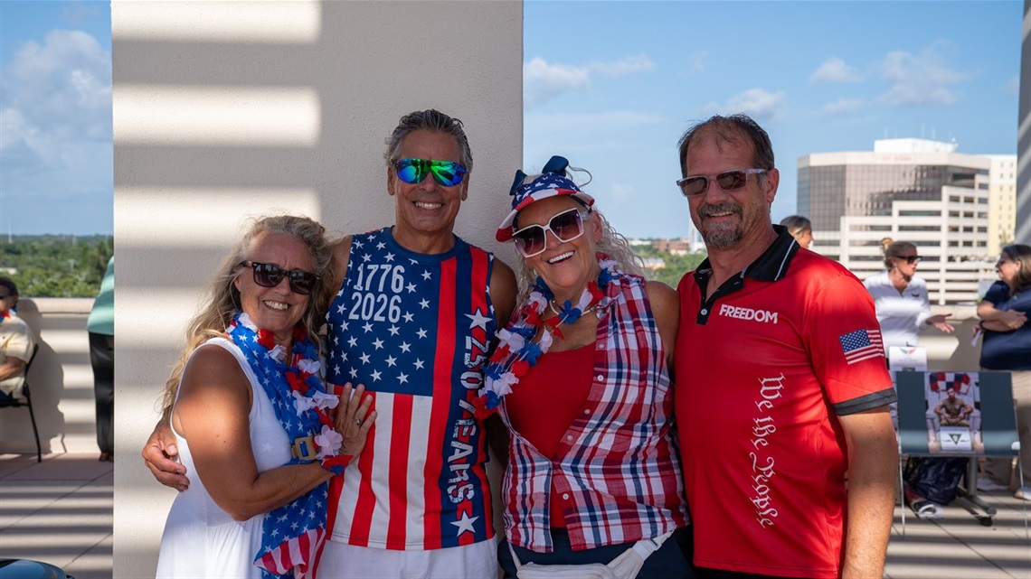 People wearing American themed clothing on the rooftop of the Main Library