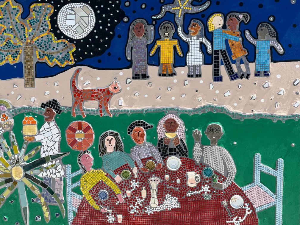 Close up view of an outdoor mural of the mercado celebration mosaic.