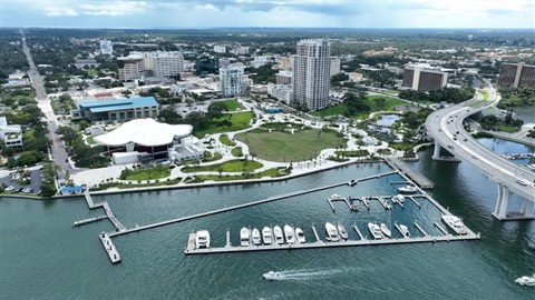 Aerial view of the harbor marina area in Clearwater Florida.