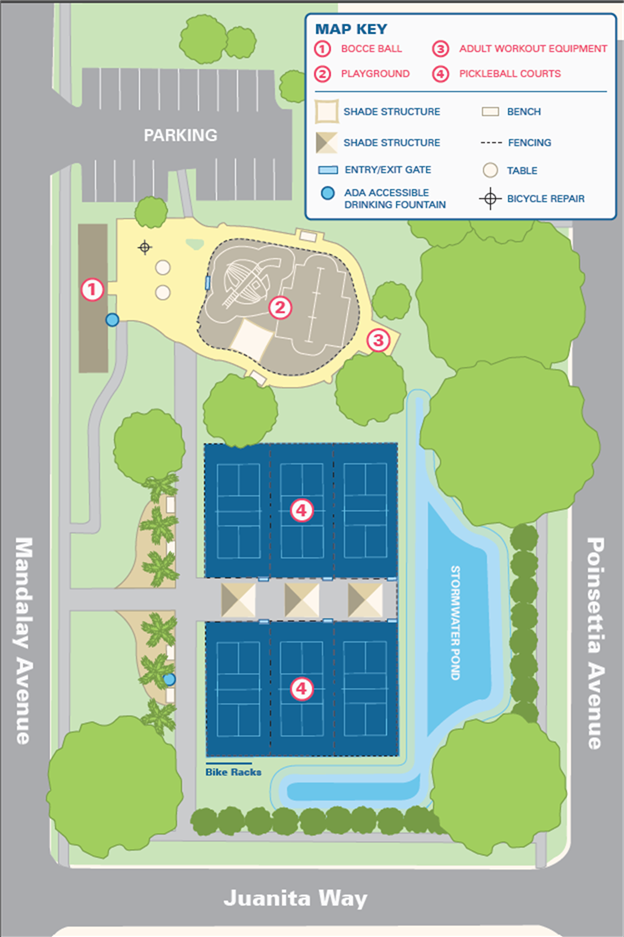a map showing a pickleball court in the middle, an adult exercise area and a playground, 